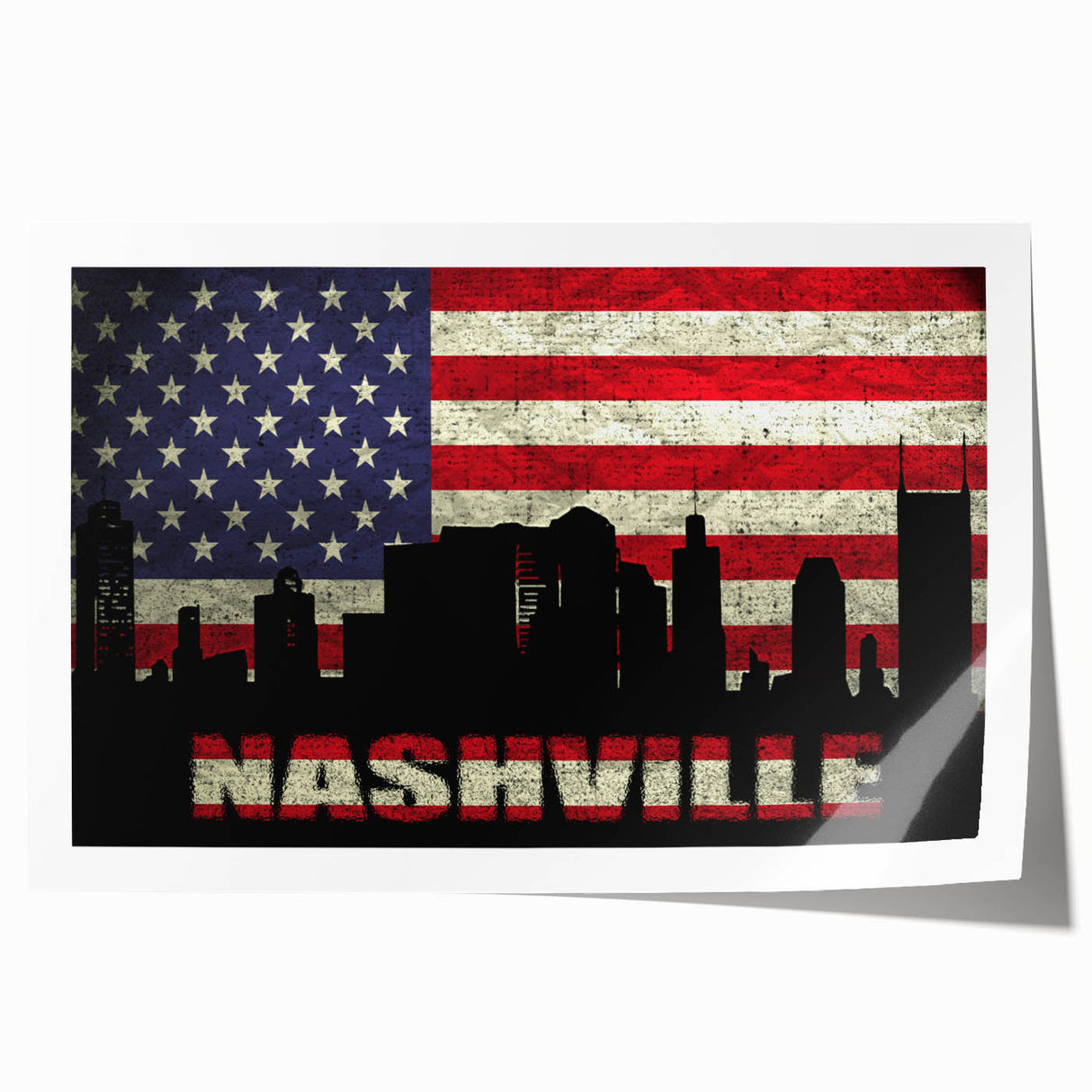 Nashville skyline in muted gray tones on a rolled canvas, suitable for art wall dining room.