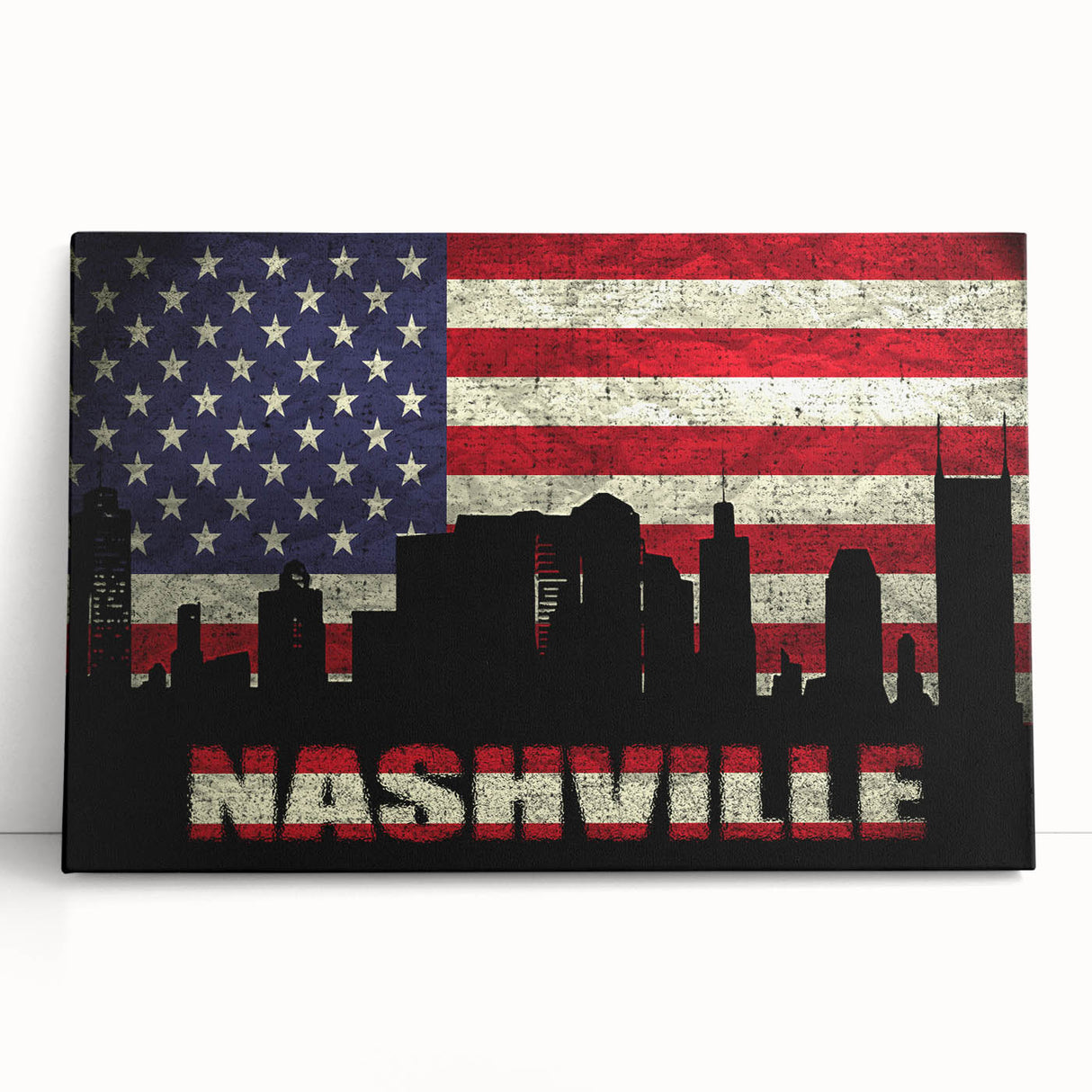 Black and white stretched canvas of Nashville skyline, ideal for kitchen wall art or bedroom decor.