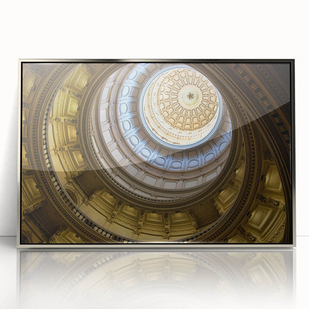 Mid-century modernist art depicting the Austin skyline in muted silver tones on a framed acrylic print.