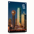 Acrylic glass print of Dallas skyline in muted blue and gray tones, suitable for bedroom or dining room decor.