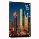 Acrylic glass print of Dallas skyline in muted blue and gray tones, suitable for bedroom or dining room decor.