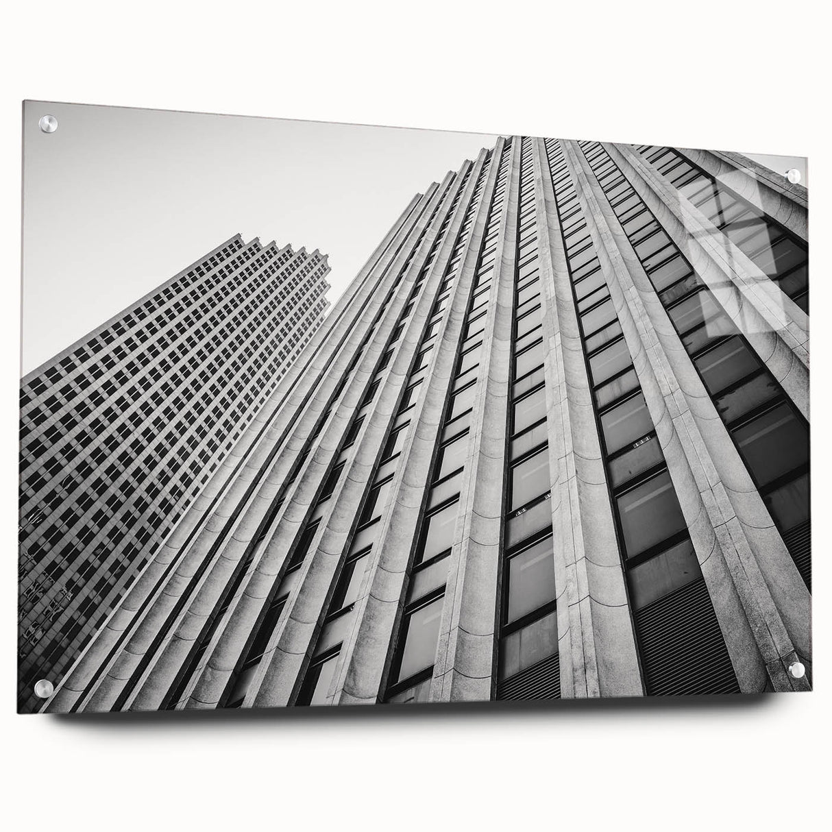 Acrylic print of Houston skyline in muted gray and blue tones, suitable for modern bedroom or dining room decor.
