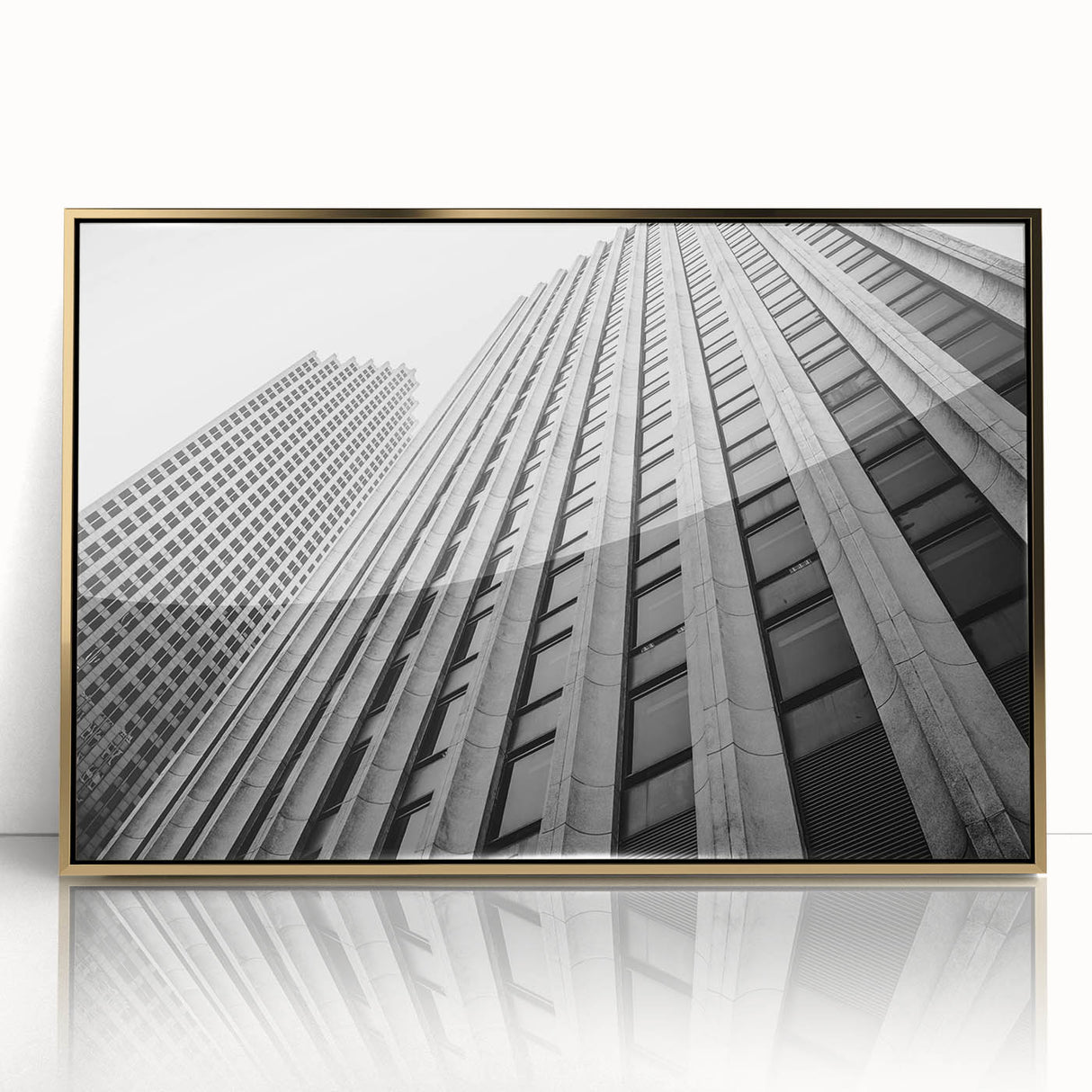 Framed acrylic print of Houston skyline in gold tones, ideal for modern art wall decor.