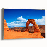 Framed canvas landscape art painting of Arches National Park in Utah, featuring vibrant red and orange tones.