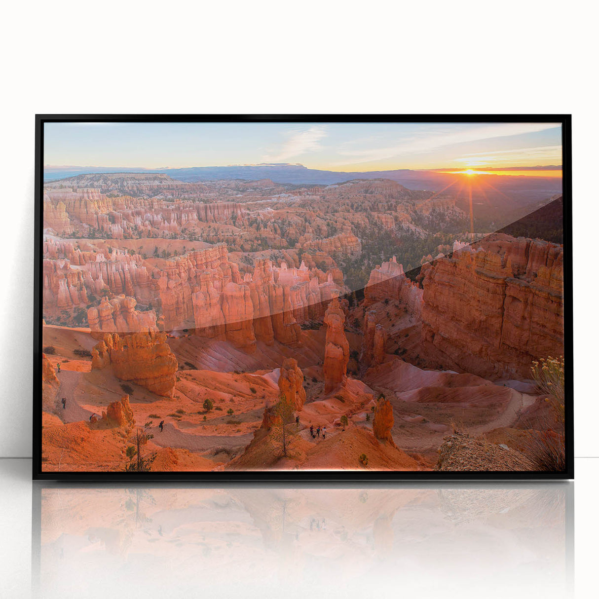 Large abstract wall art depicting Bryce Canyon in muted earth tones, framed in black acrylic.