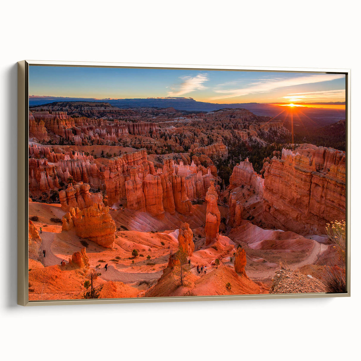 Framed canvas featuring a vintage-style landscape painting of Bryce Canyon in muted earth tones, ideal for bedroom wall art.