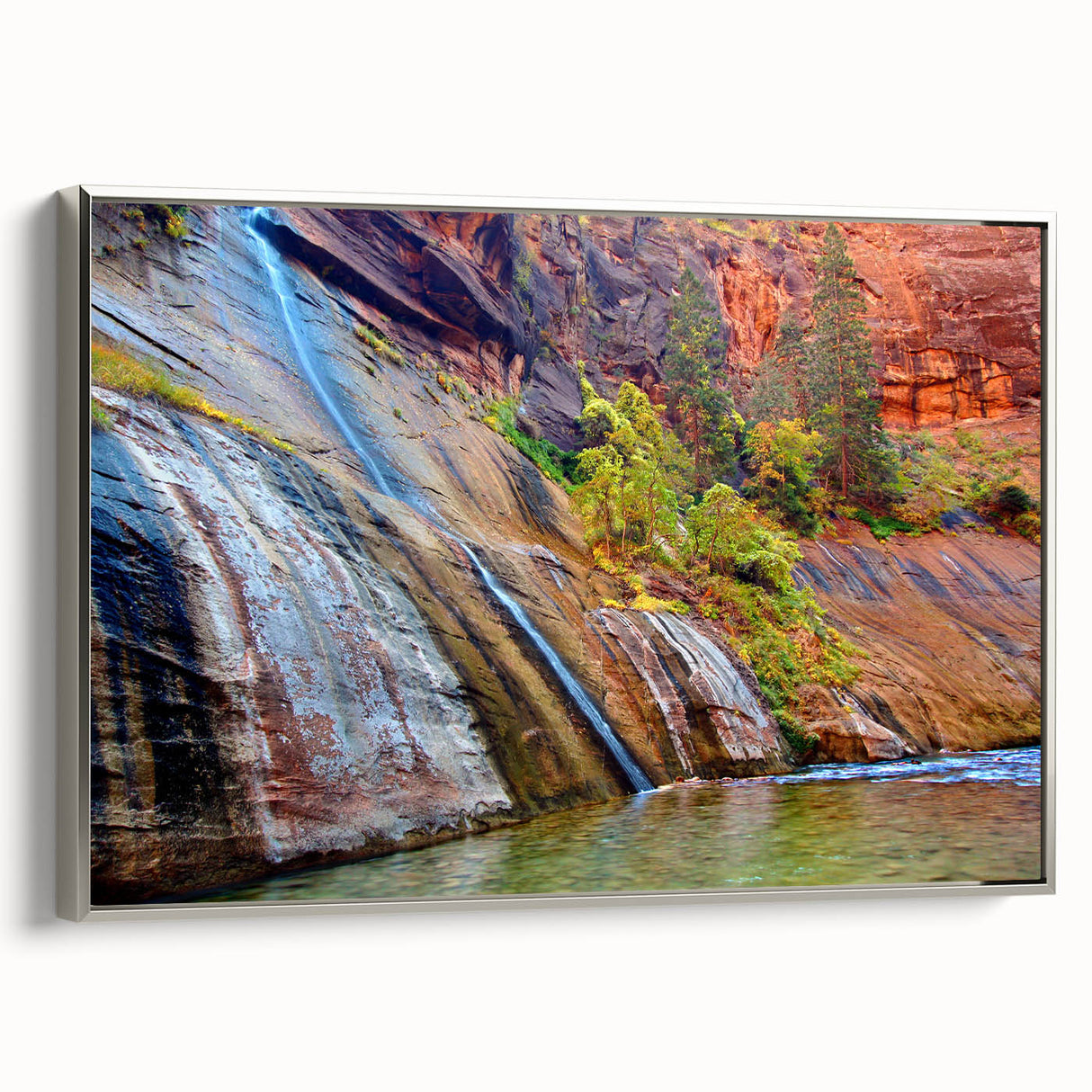 Framed canvas of a Zion National Park landscape painting in vibrant colors, ideal for enhancing living room decor.