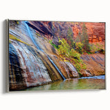 Framed canvas of a Zion National Park landscape painting in vibrant colors, ideal for enhancing living room decor.