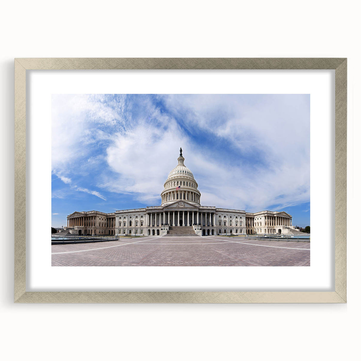 Textured art print of the Washington DC Capitol in abstract style, featuring muted earth tones on a framed silver mat.