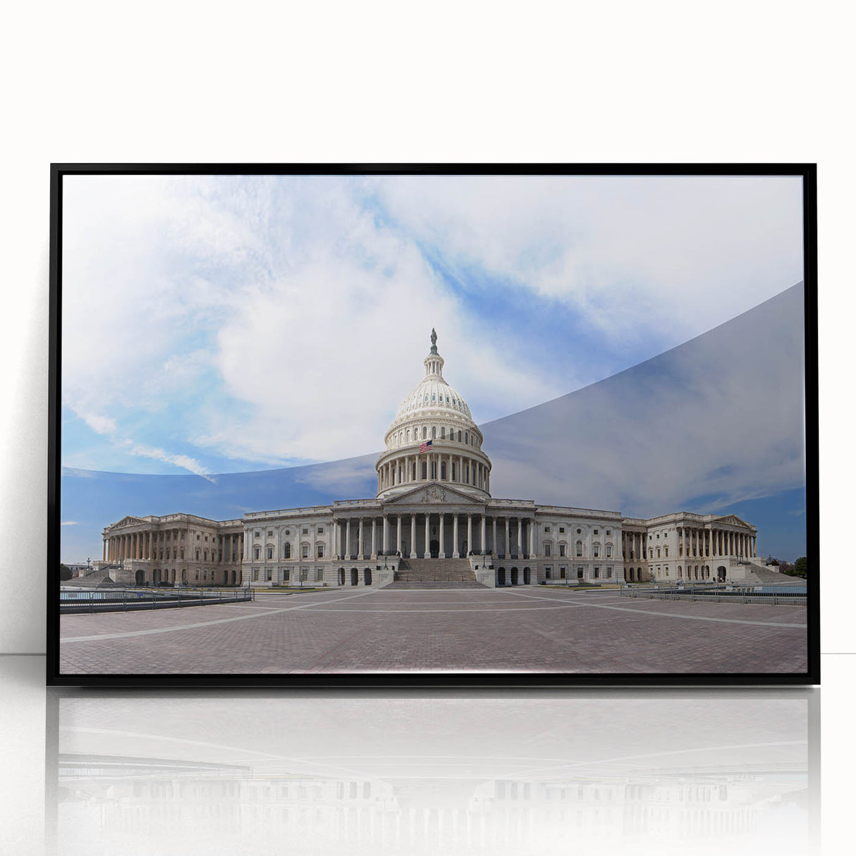 Large abstract wall art of the Washington DC Capitol in black and white tones, framed acrylic, ideal for modern office decor.
