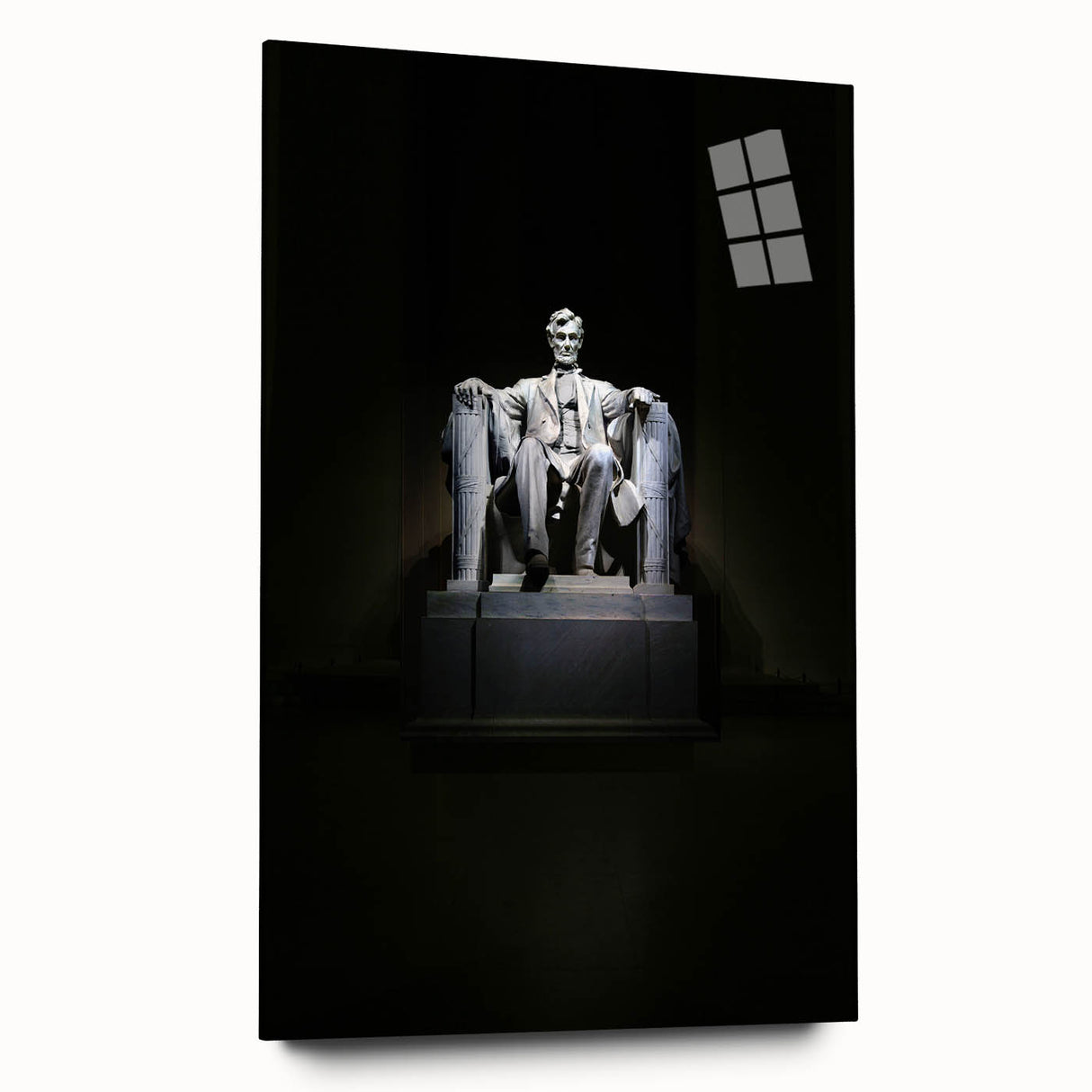 Acrylic print of a large abstract depiction of Washington DC's Lincoln Memorial in muted gray and blue tones.