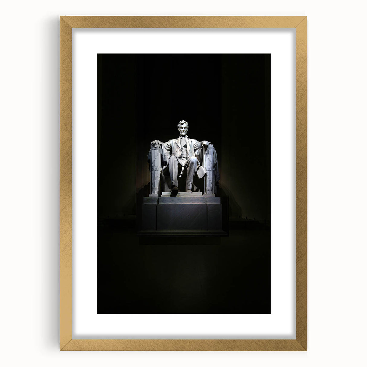 Extra large framed wall art of abstract Lincoln Memorial in textured gold and gray tones, ideal for living room decor.