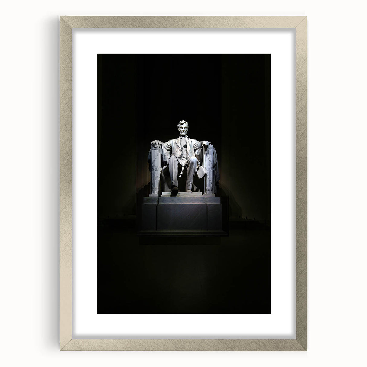 Textured art print of an abstract rendition of the Washington DC skyline in muted gray tones, framed in silver.