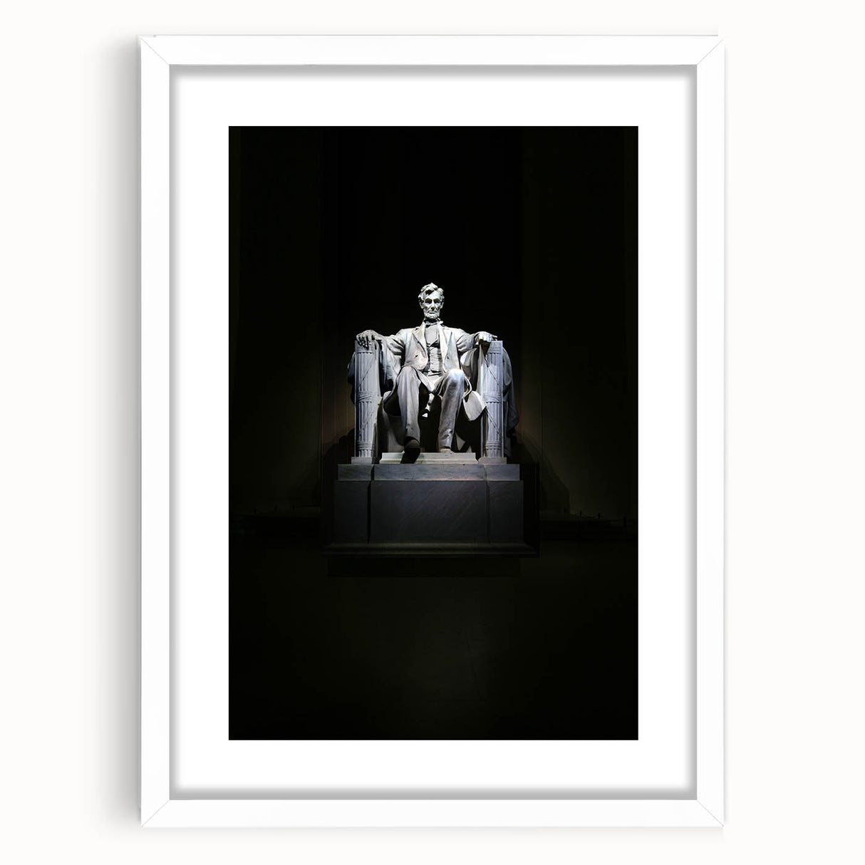 Abstract art print of Washington DC's Lincoln Memorial in muted gray tones on a framed white mat.
