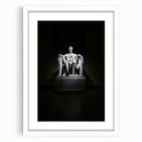 Abstract art print of Washington DC's Lincoln Memorial in muted gray tones on a framed white mat.
