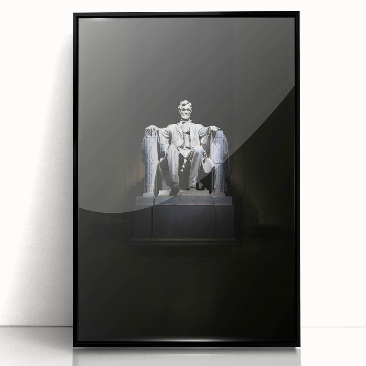 Large abstract wall art depicting the Lincoln Memorial in muted gray tones, framed in black acrylic.