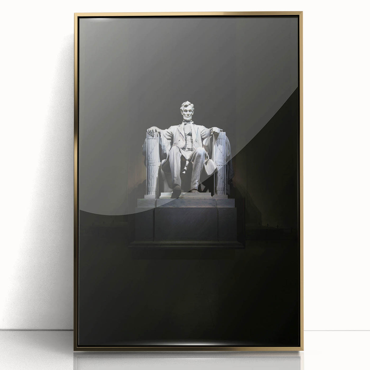 Acrylic print of the Lincoln Memorial in muted gold and gray tones, framed in gold, embodying mid-century modernist style.
