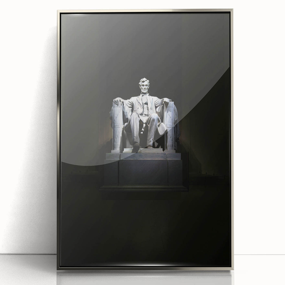 Mid-century modernist art of Washington DC's Lincoln Memorial in muted grays and blues on a framed acrylic.