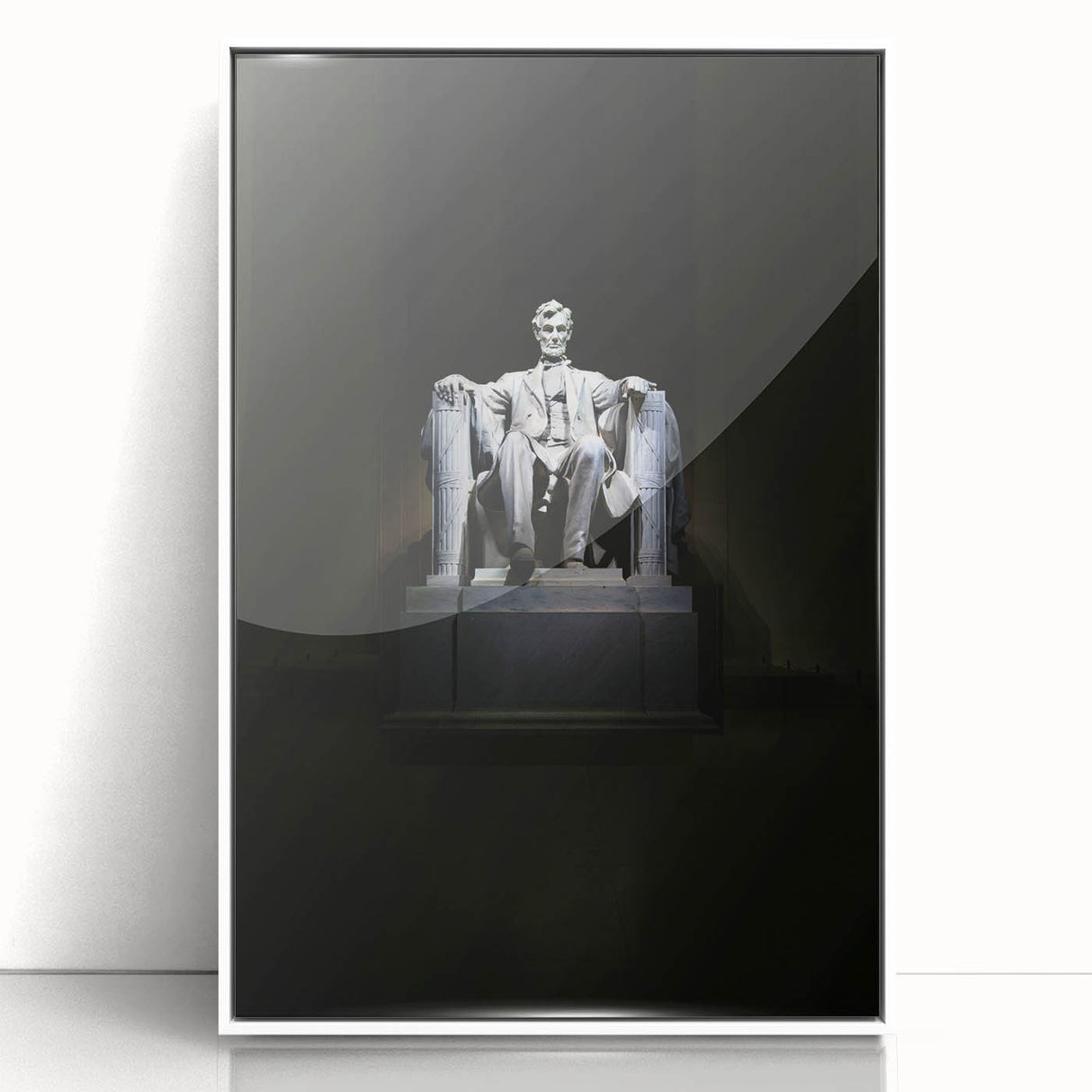 Acrylic print of Washington D.C.'s Lincoln Memorial in monochrome tones, framed in white, suitable for modern art wall decor.