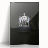 Acrylic print of Washington D.C.'s Lincoln Memorial in monochrome tones, framed in white, suitable for modern art wall decor.