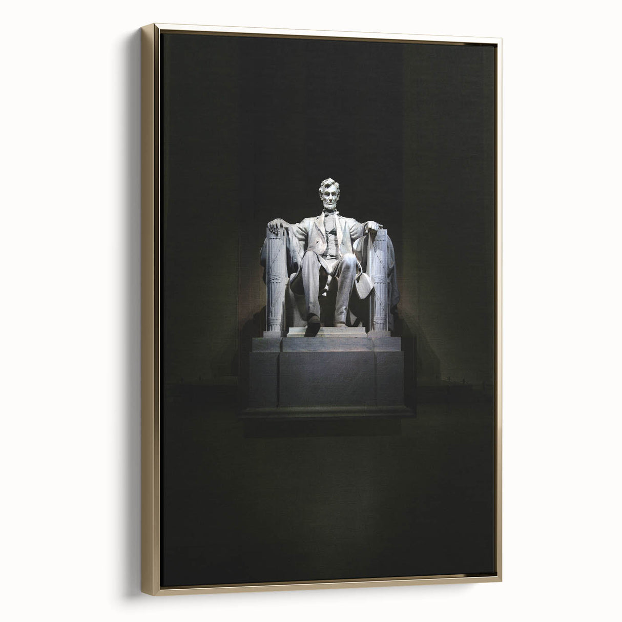 Framed canvas of a vintage-style landscape painting featuring the Lincoln Memorial in monochrome black.