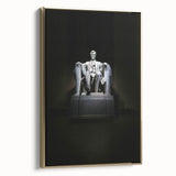 Framed canvas of a vintage-style landscape painting featuring the Lincoln Memorial in monochrome black.