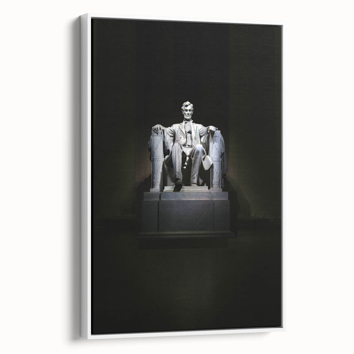Vintage poster art of Washington DC with Lincoln Memorial, framed canvas in white.