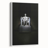 Vintage poster art of Washington DC with Lincoln Memorial, framed canvas in white.