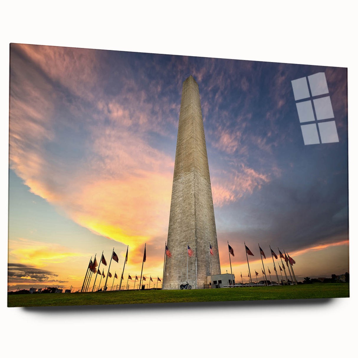 Acrylic print of Washington D.C. monuments in muted grayscale, ideal for bedroom or dining room art.