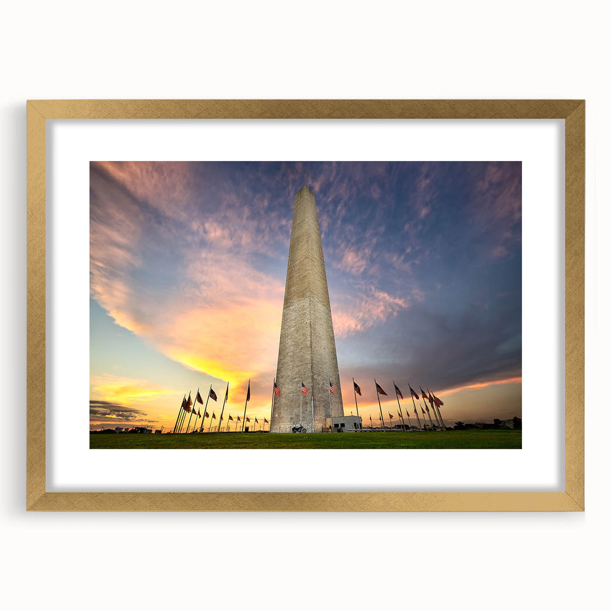 Extra large wall art featuring a textured abstract print of the Washington DC monument in muted gray tones, framed in gold.