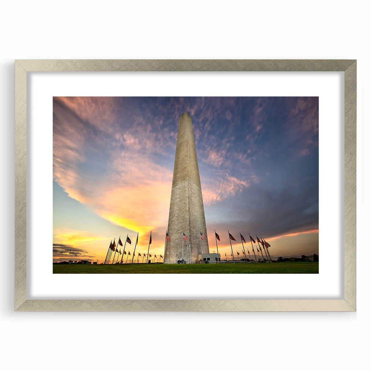 Textured art print of Washington DC monument in muted gray, framed in silver, ideal for bedroom art.