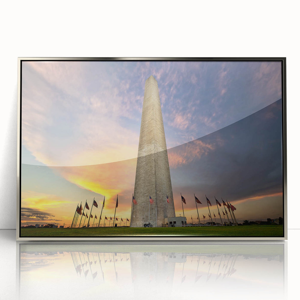 Mid-century modernist art of Washington DC monuments in muted gray tones on a silver-framed acrylic print.