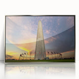 Mid-century modernist art of Washington DC monuments in muted gray tones on a silver-framed acrylic print.