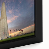 Black wall art featuring a textured close-up of the Washington DC monument in vibrant colors on a framed canvas.