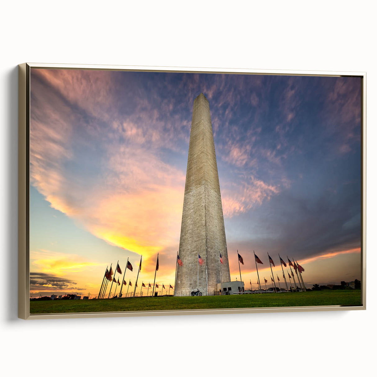 Framed canvas of Washington D.C. monument in vintage poster style with black and gold tones, ideal for bedroom wall art.