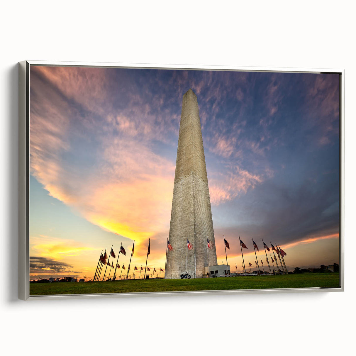Framed canvas featuring a vintage-style landscape painting of the Washington DC monument in muted black and silver tones.