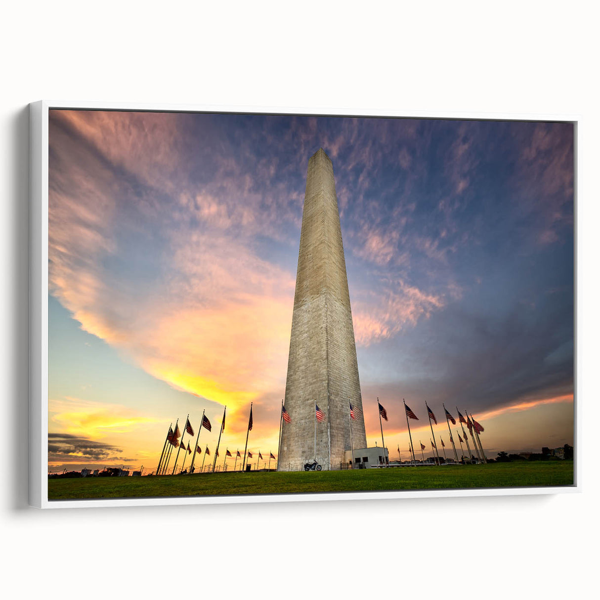 Vintage poster art of Washington DC monuments in vibrant colors on a white-framed canvas, ideal for living room decor.