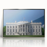 Mid-century modernist art of the White House in Washington DC in muted gray tones, framed acrylic.