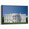 Black and white framed canvas of the White House in a vintage poster style, ideal for bedroom wall art.