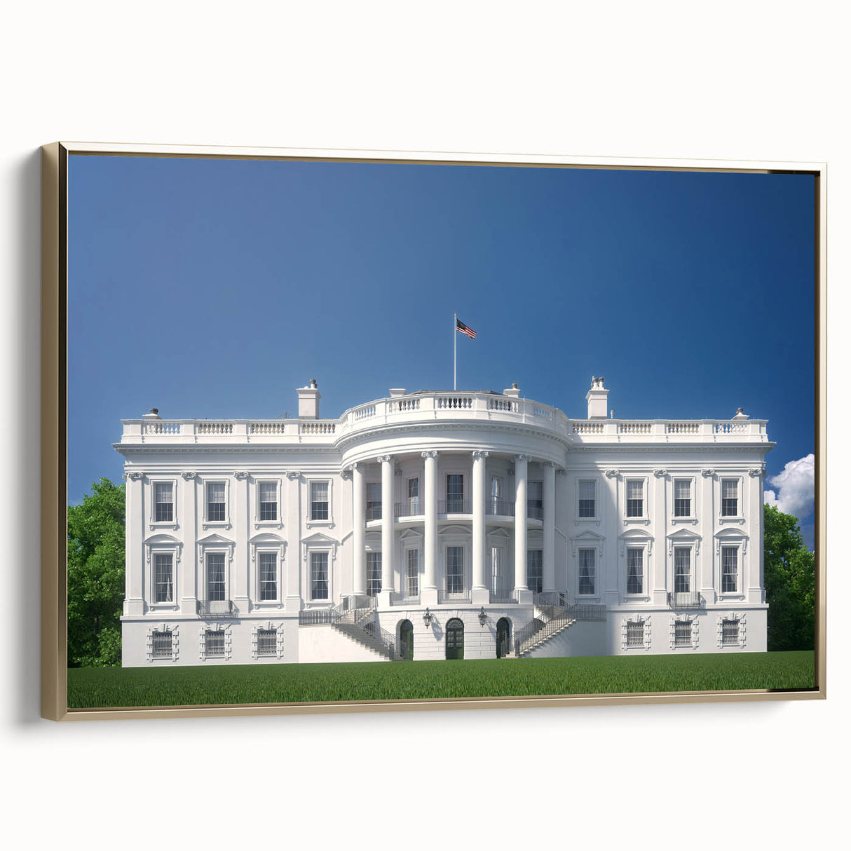 Framed canvas wall art featuring a side view of the White House in Washington DC, set against a black and gold color scheme.