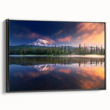 Black and white wall art of Mount Rainier on a framed canvas, ideal for bedroom landscape decor.