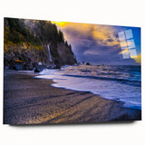 Acrylic print of a large abstract depiction of Olympic National Park in muted green and blue tones.