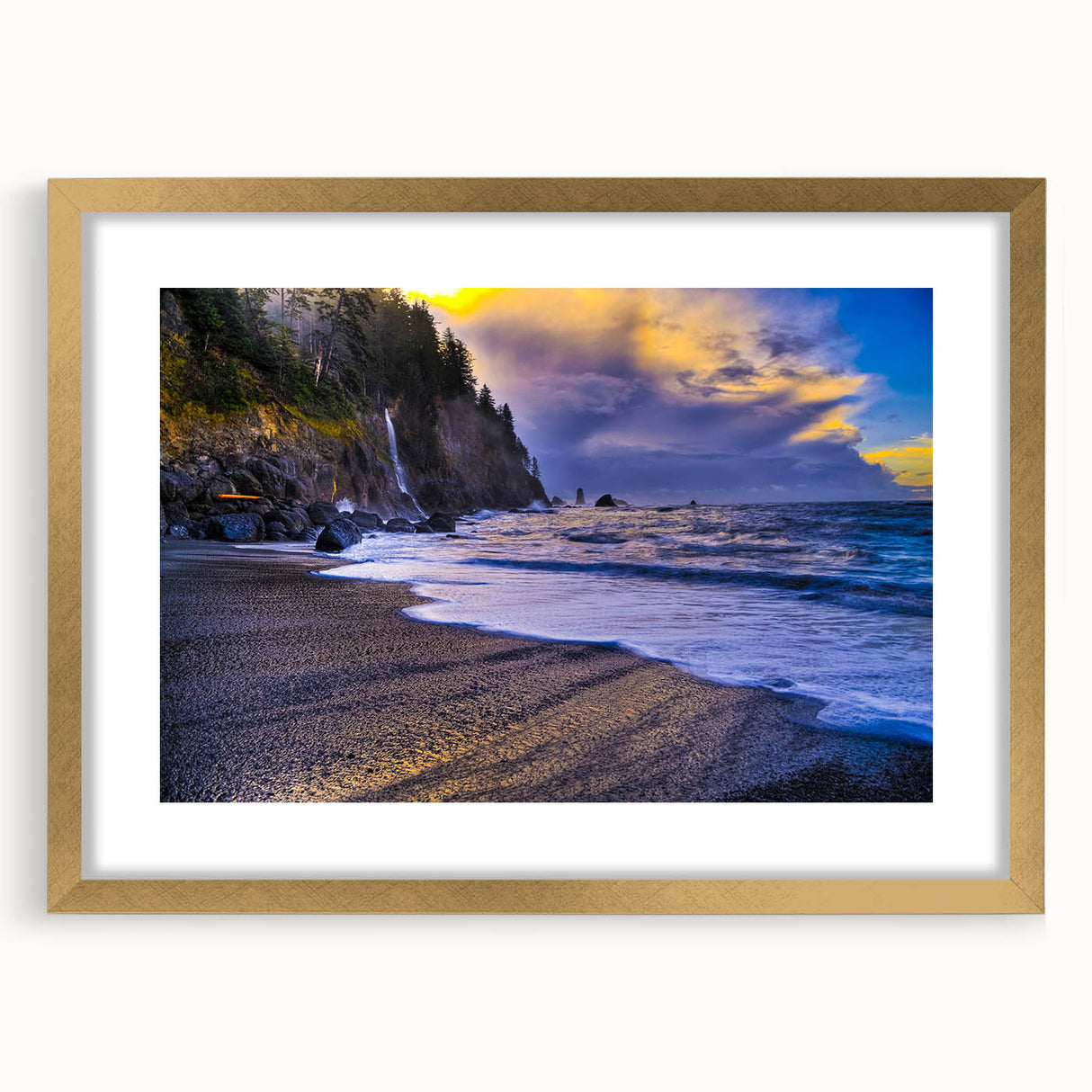 Extra large abstract art print of Olympic scenery in Washington, featuring textured gold frame; ideal for living room decor.