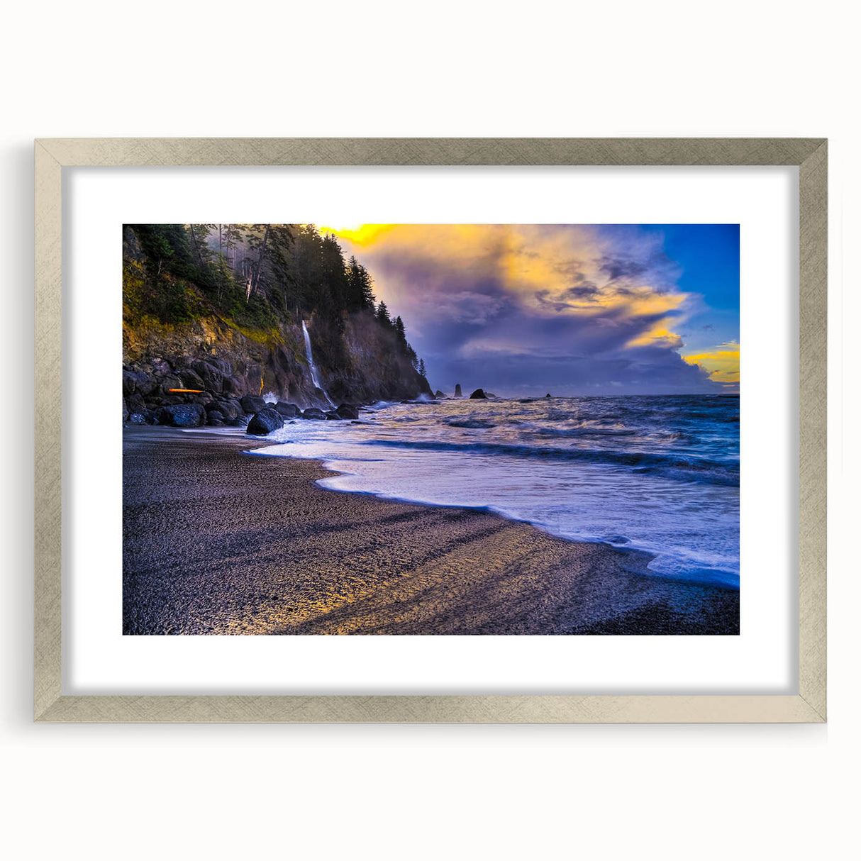 Textured abstract art print of Olympic scenery in silver frame, featuring muted earth tones, ideal for bedroom art.