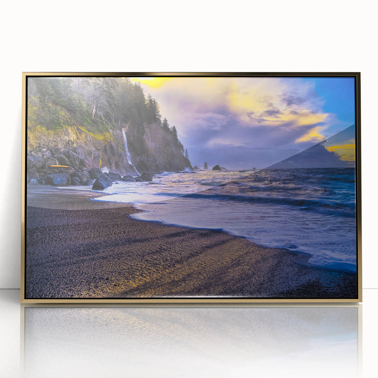 Acrylic print of Olympic National Park in muted greens and browns, framed in gold, suitable for modern art wall decor.