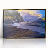 Acrylic print of Olympic National Park in muted greens and browns, framed in gold, suitable for modern art wall decor.