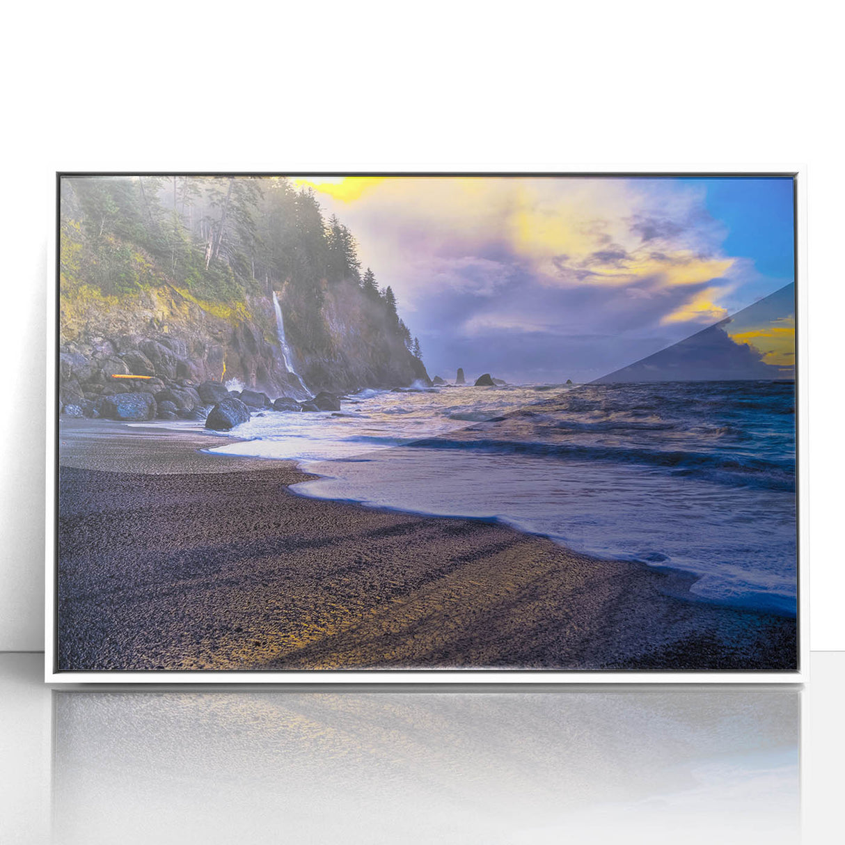 Acrylic print of Olympic National Park with lush greenery and mountains, in art deco style.