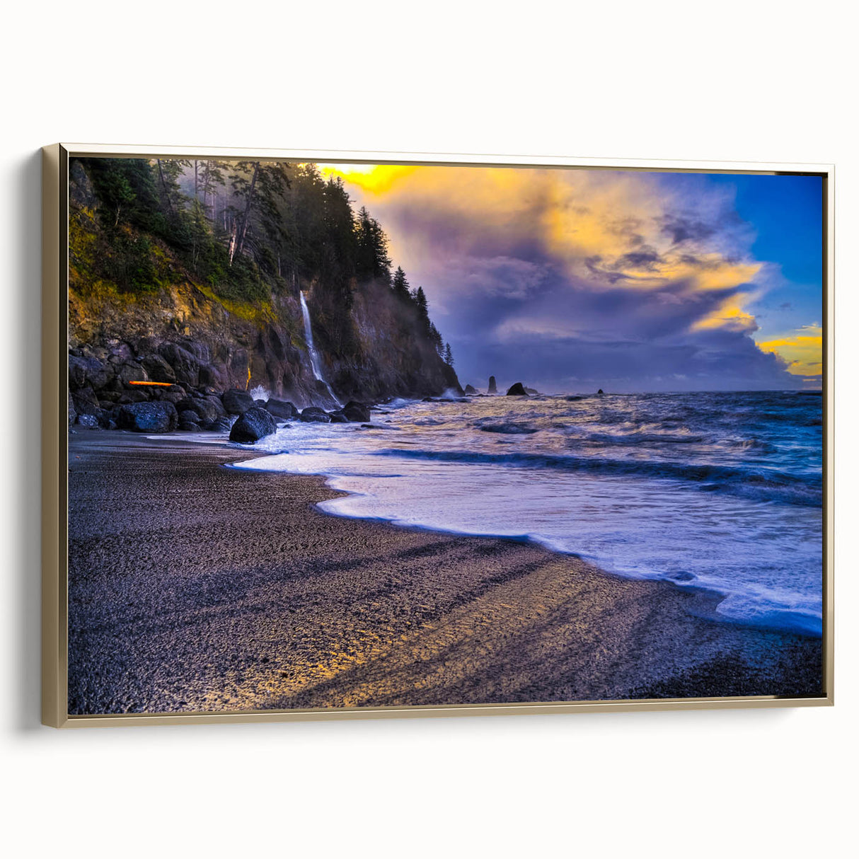 Framed canvas featuring a vintage-style landscape painting of the Olympic Mountains, with muted earth tones.