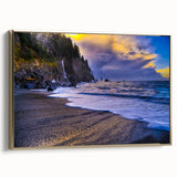 Framed canvas featuring a vintage-style landscape painting of the Olympic Mountains, with muted earth tones.