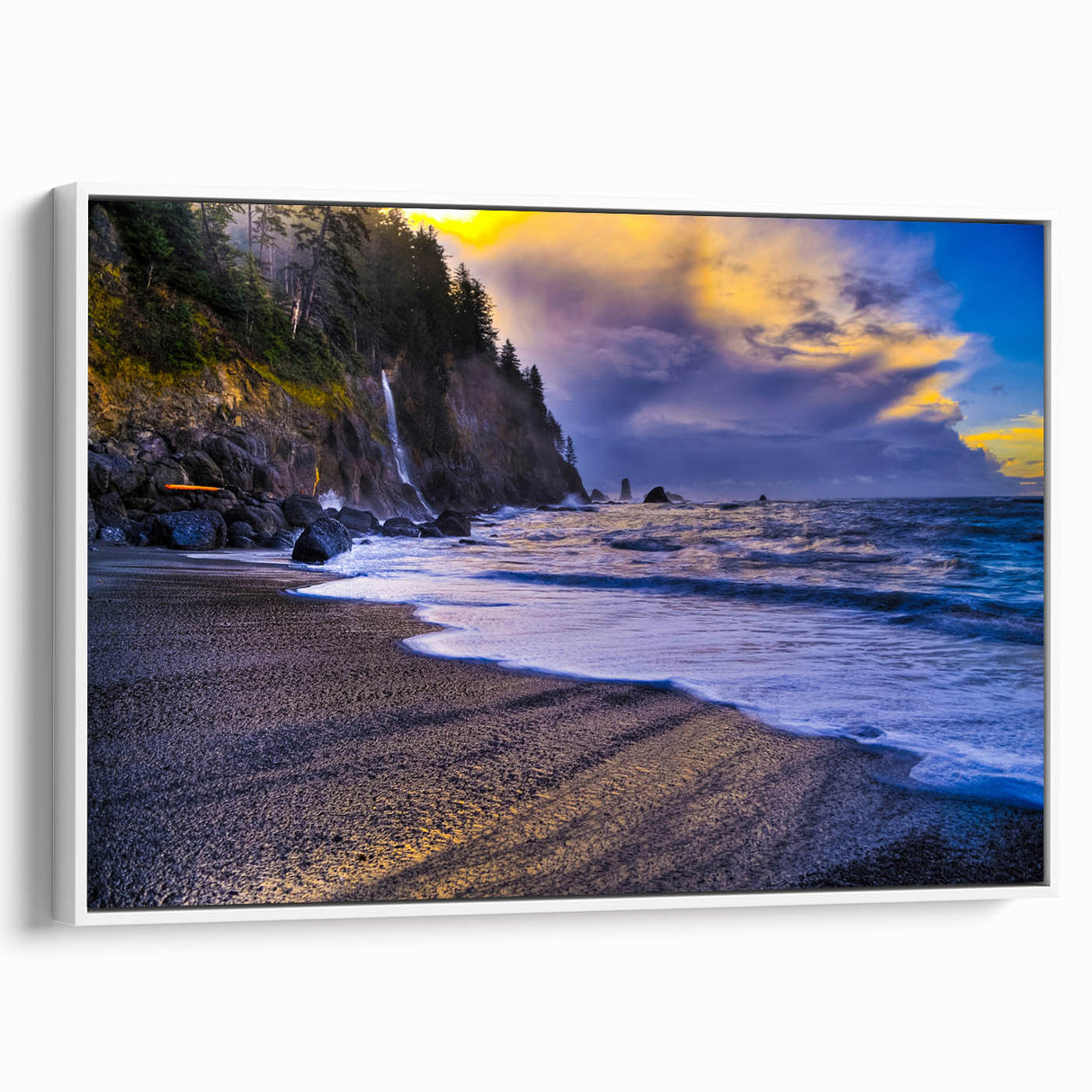 Vintage poster art of Olympic National Park on framed canvas, featuring colorful imagery on a black background.